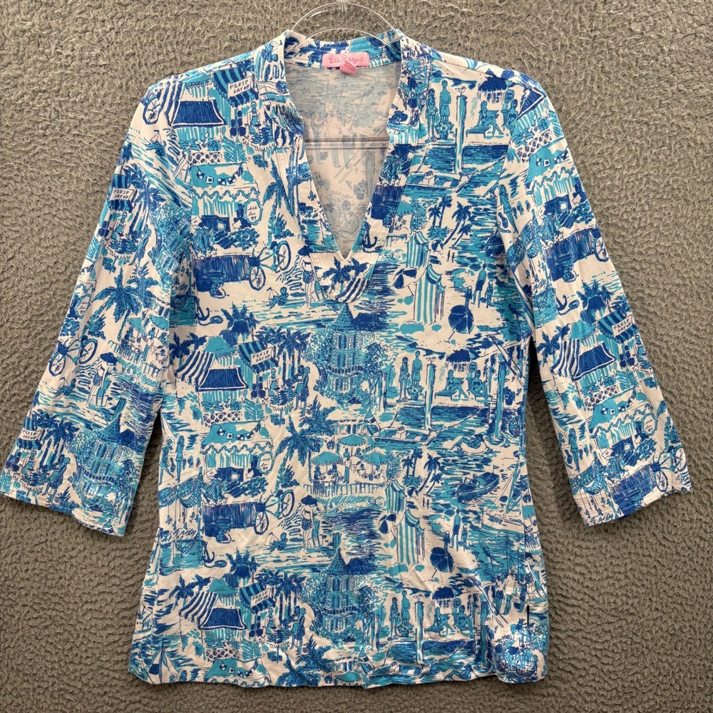 Lilly Pulitzer Top Women Small Blue Coastal Beach Scene V-Neck 3/4 Sleeve Tunic